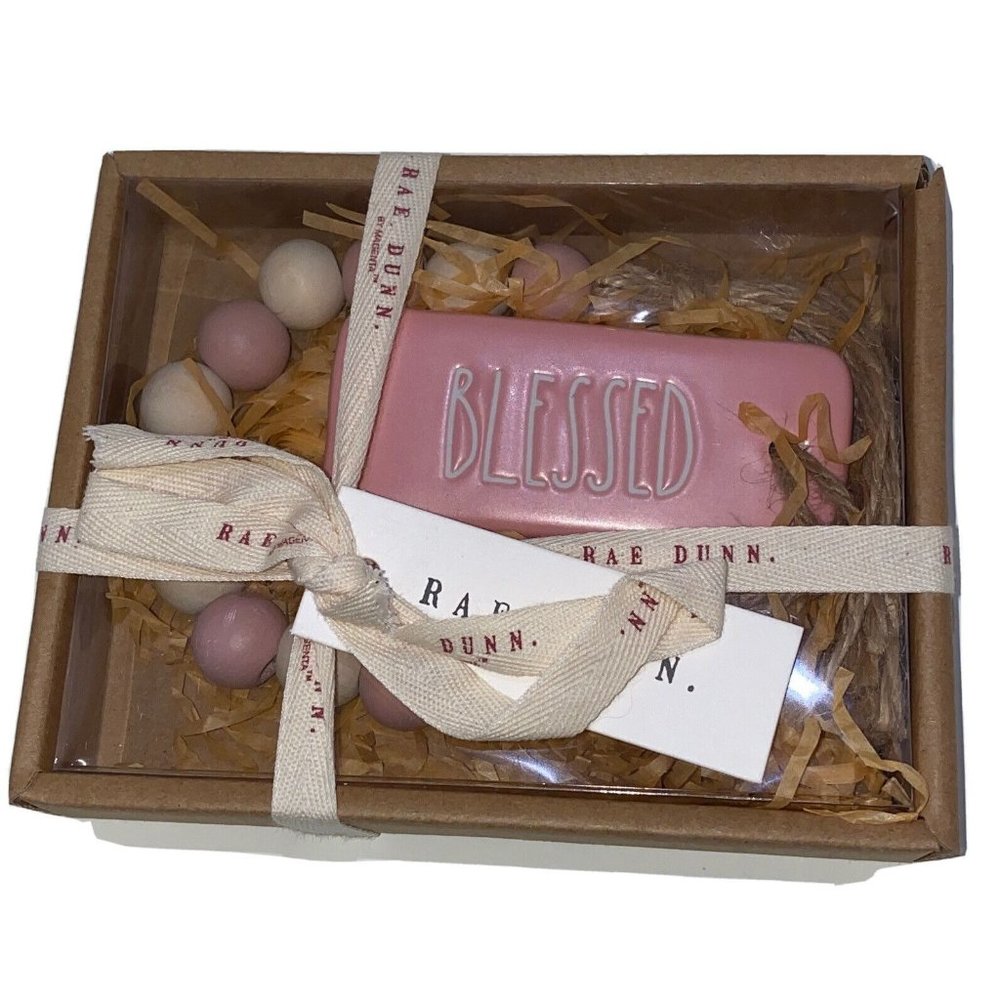 Rae Dunn Ceramic pink BLESSED with beaded rope decor